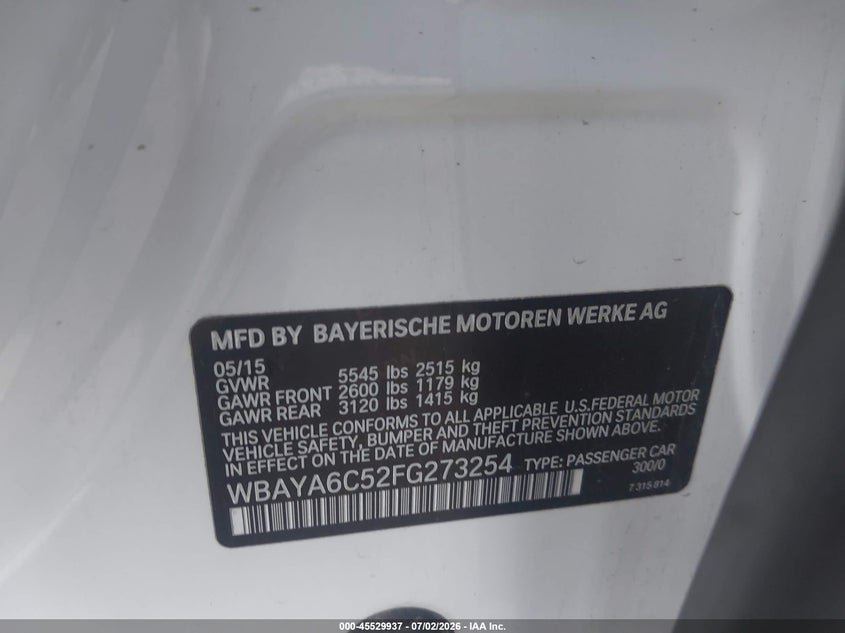 2015 BMW 740I VIN: WBAYA6C52FG273254 Lot: 45529937