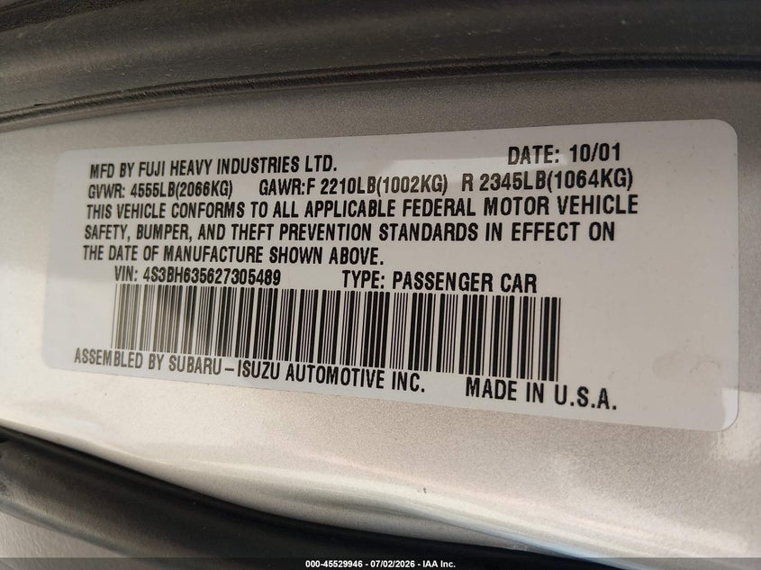 2002 SUBARU LEGACY WAGON 2.5L H-4 165HP
