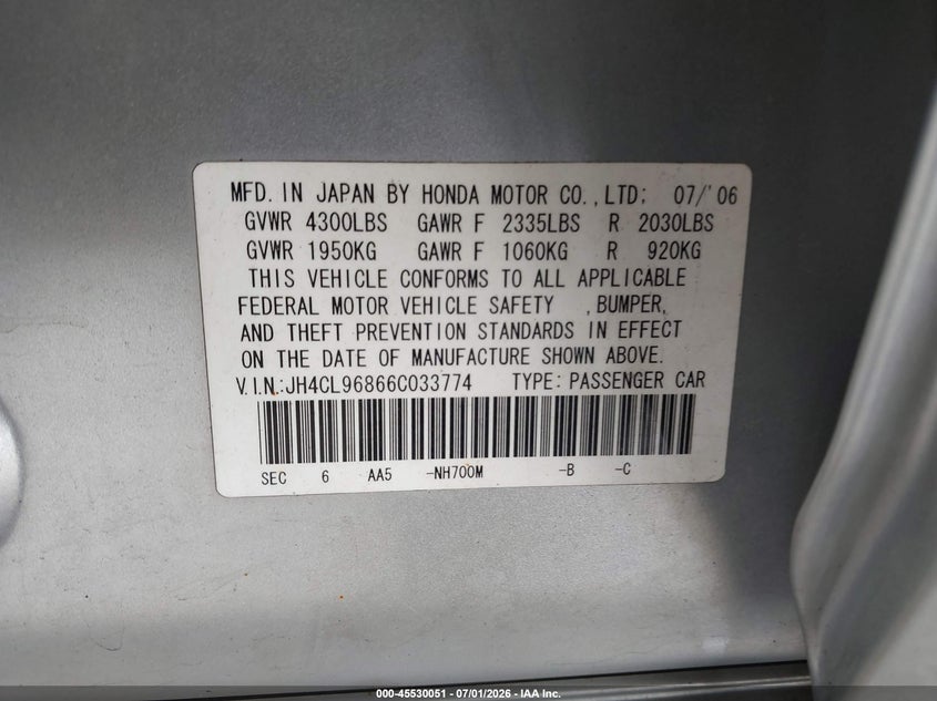 2006 Acura Tsx VIN: JH4CL96866C033774 Lot: 45530051