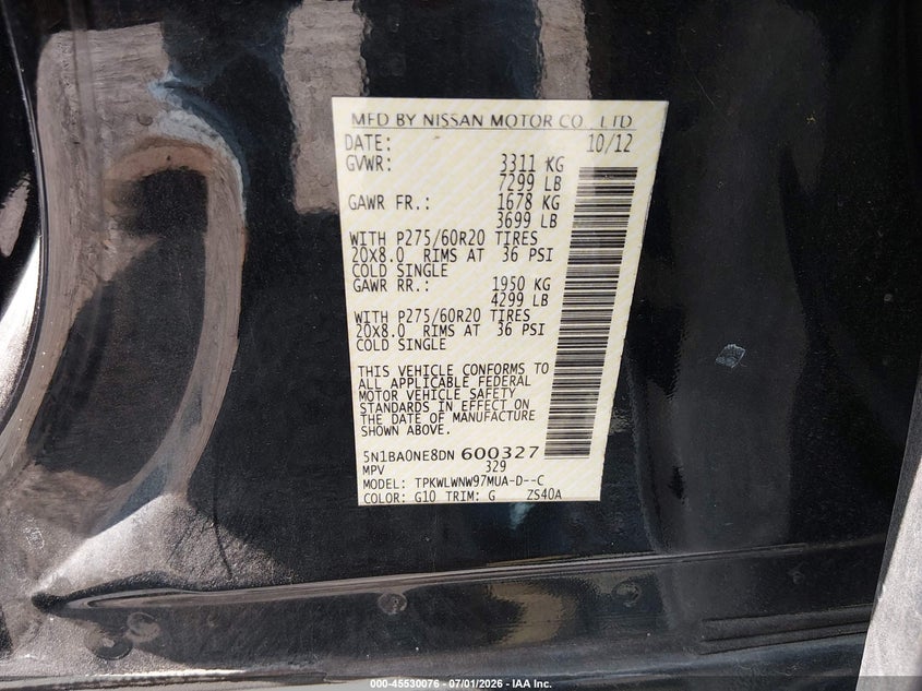 2013 Nissan Armada Platinum VIN: 5N1BA0NE8DN600327 Lot: 45530076