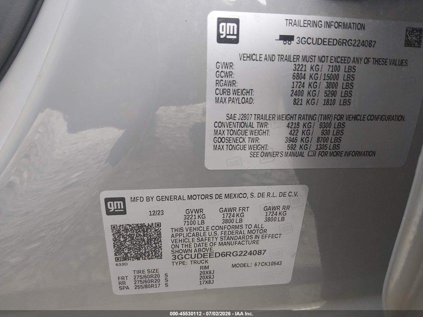 CHEVROLET SILVERADO 1500 2024 VIN 3GCUDEED6RG224087