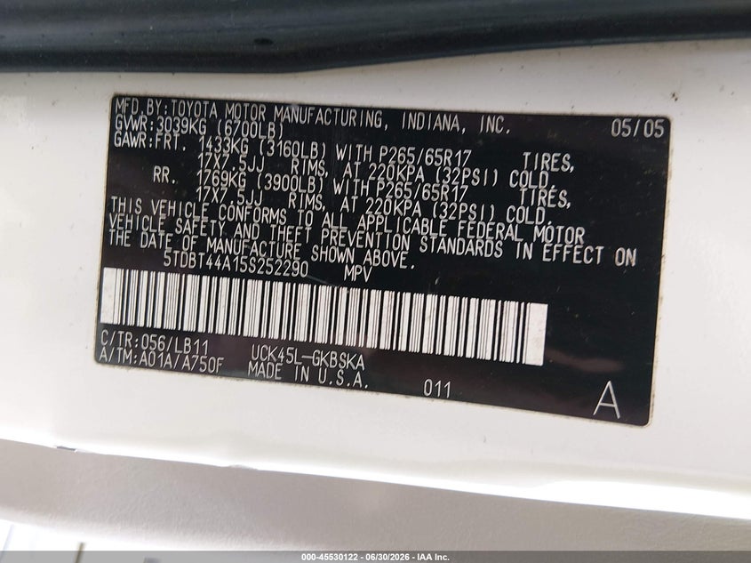 2005 Toyota Sequoia Sr5 V8 VIN: 5TDBT44A15S252290 Lot: 45530122