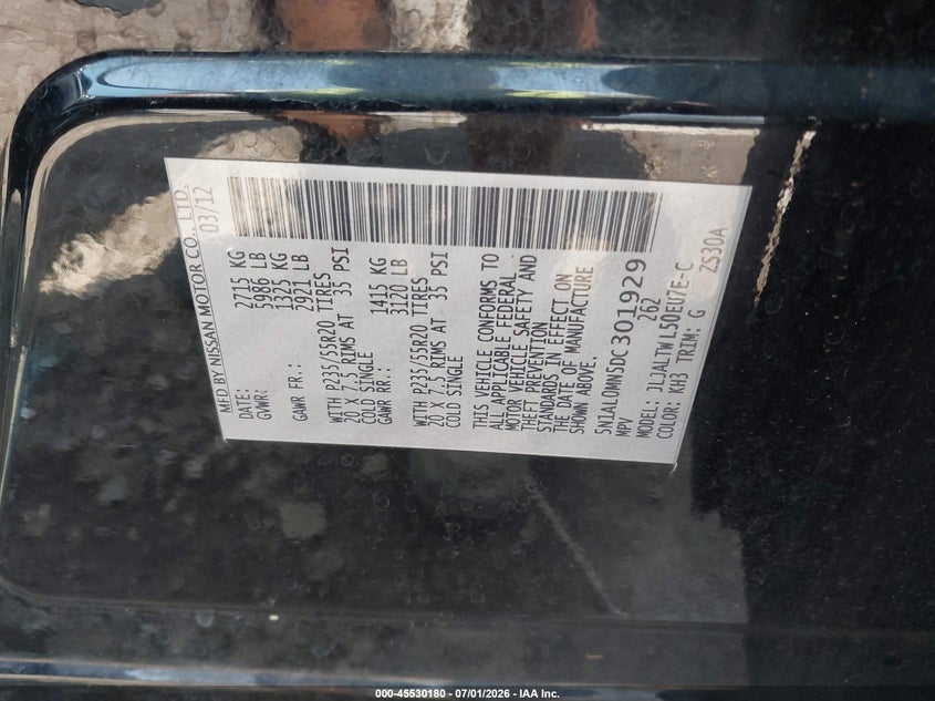 2013 Infiniti Jx35 VIN: 5N1AL0MN5DC301929 Lot: 45530180
