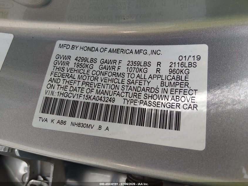 HONDA ACCORD 2019 VIN 1HGCV1F15KA043249