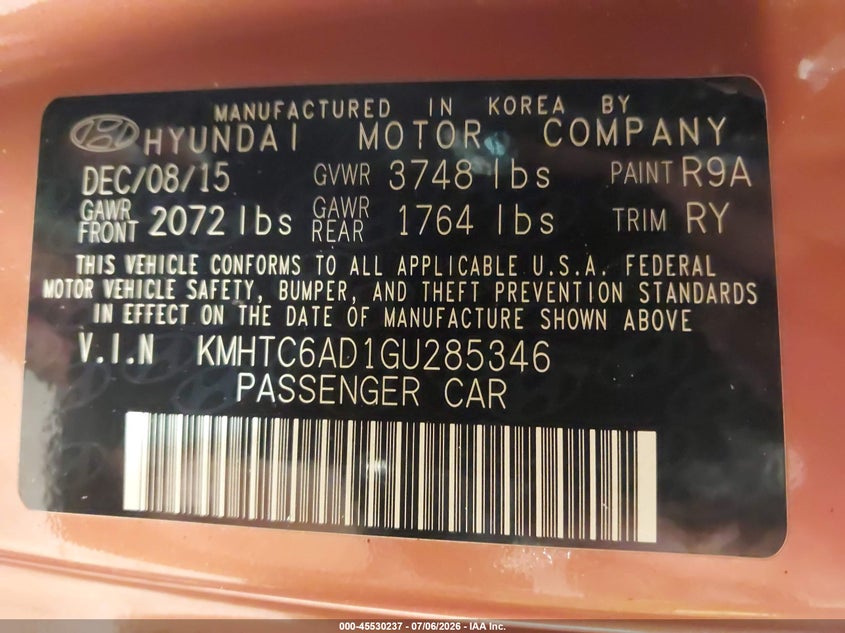 2016 Hyundai Veloster VIN: KMHTC6AD1GU285346 Lot: 45530237