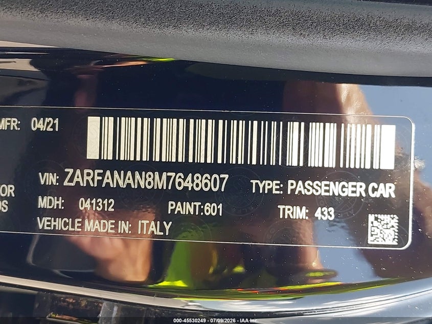 2021 Alfa Romeo Giulia Awd VIN: ZARFANAN8M7648607 Lot: 45530249