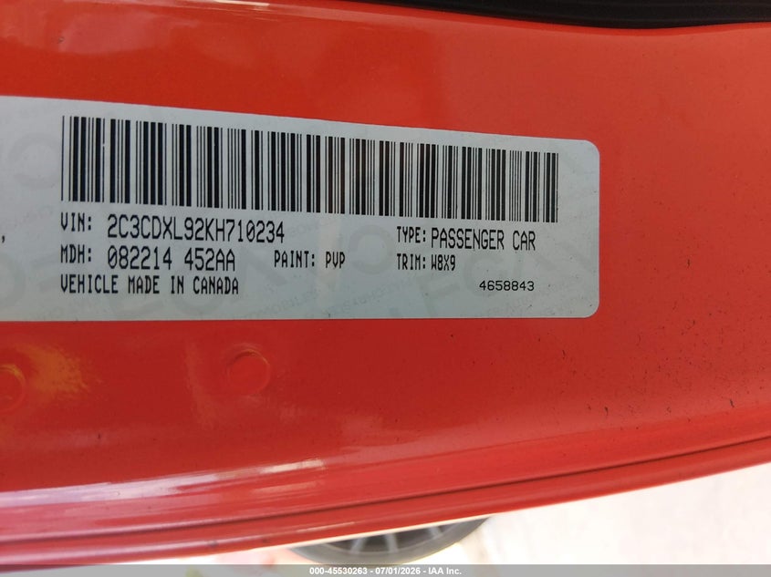 2019 Dodge Charger Srt Hellcat Rwd VIN: 2C3CDXL92KH710234 Lot: 45530263