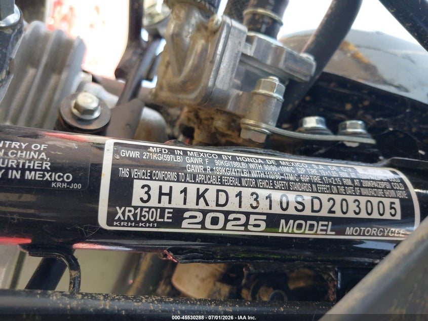 2025 Honda Xr150L E VIN: 3H1KD1310SD203005 Lot: 45530288
