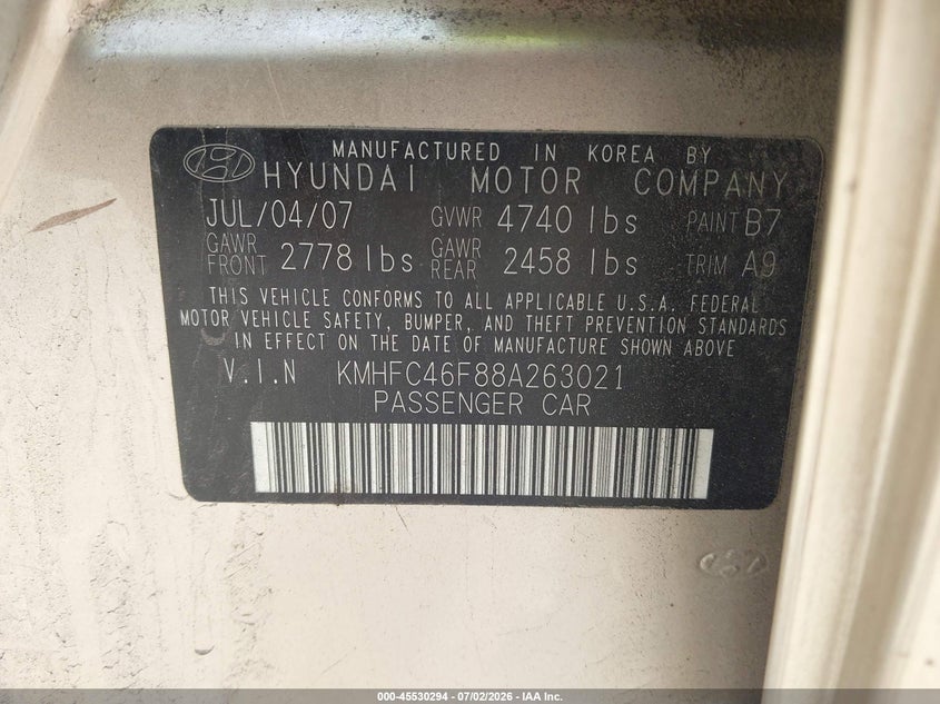 2008 Hyundai Azera Limited VIN: KMHFC46F88A263021 Lot: 45530294