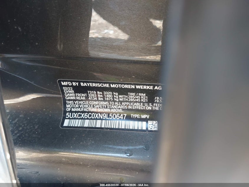 2022 BMW X7 M50I VIN: 5UXCX6C0XN9L50647 Lot: 45530320