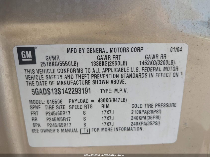 2004 Buick Rainier Cxl Plus VIN: 5GADS13S142293191 Lot: 45530394