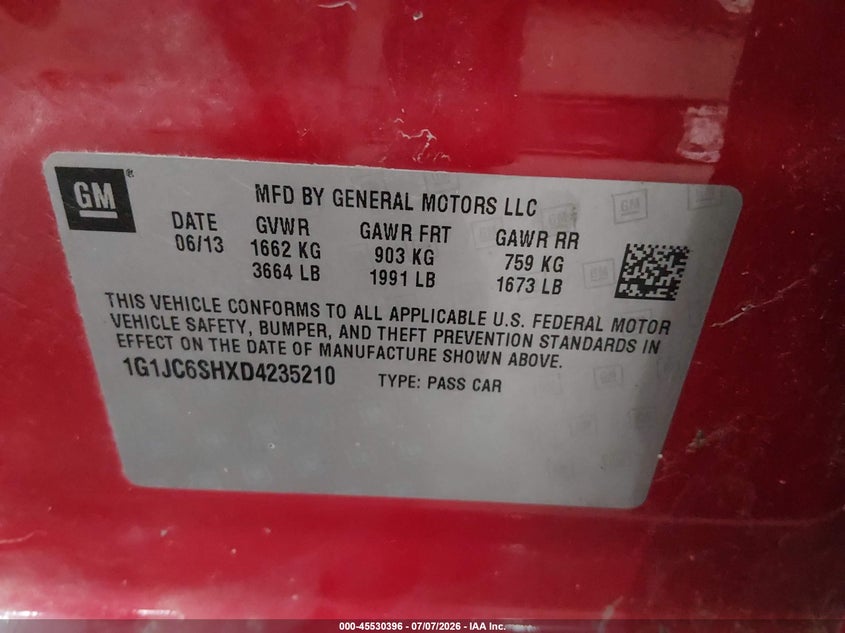 2013 Chevrolet Sonic Lt Auto VIN: 1G1JC6SHXD4235210 Lot: 45530396