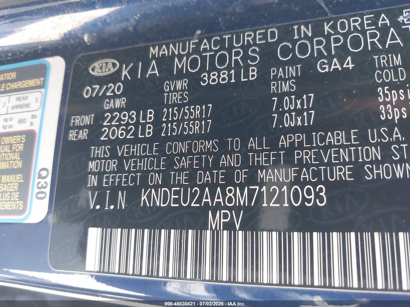 2021 Kia Seltos S VIN: KNDEU2AA8M7121093 Lot: 45530421