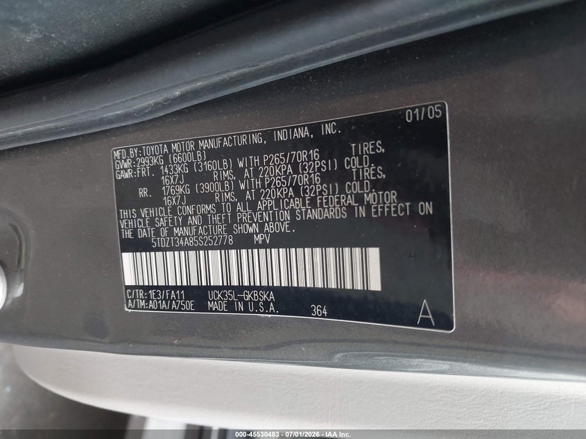 2005 Toyota Sequoia Sr5 V8 VIN: 5TDZT34A85S252778 Lot: 45530483