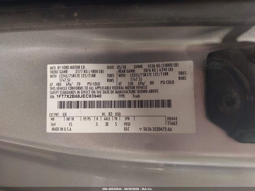 2018 Ford F-250 Lariat/Xl/Xlt VIN: 1FT7X2B68JEC83940 Lot: 45530544
