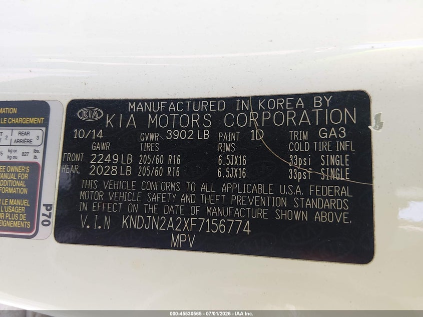 2015 Kia Soul VIN: KNDJN2A2XF7156774 Lot: 45530565