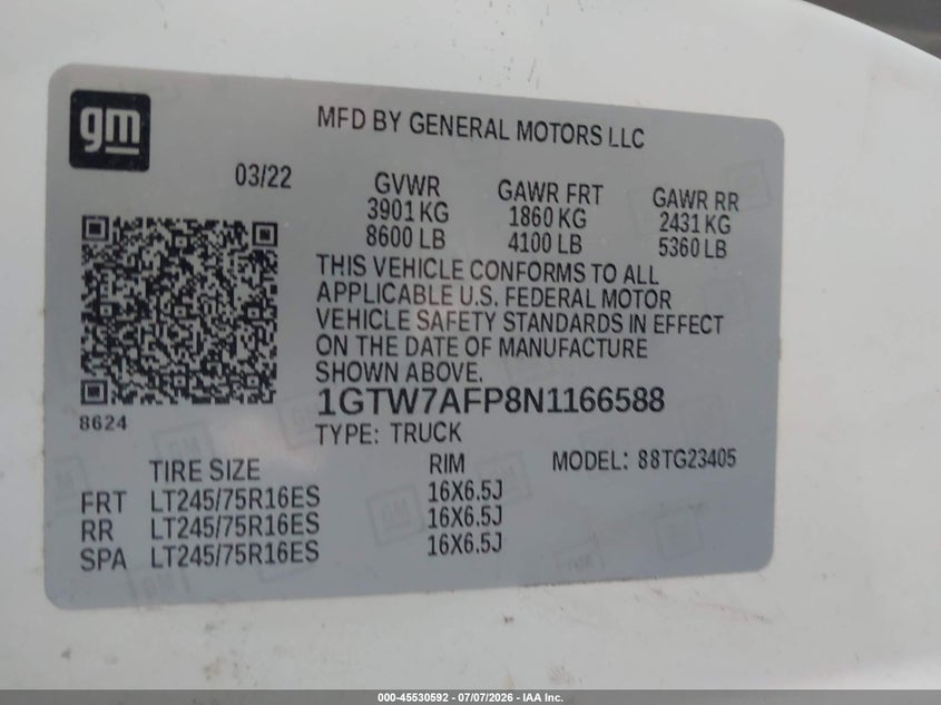 2022 GMC Savana Cargo Rwd 2500 Regular Wheelbase Work Van VIN: 1GTW7AFP8N1166588 Lot: 45530592