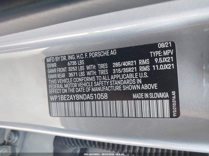 2022 Porsche Cayenne E-Hybrid Coupe Platinum Edition VIN: WP1BE2AY8NDA51058 Lot: 45530602
