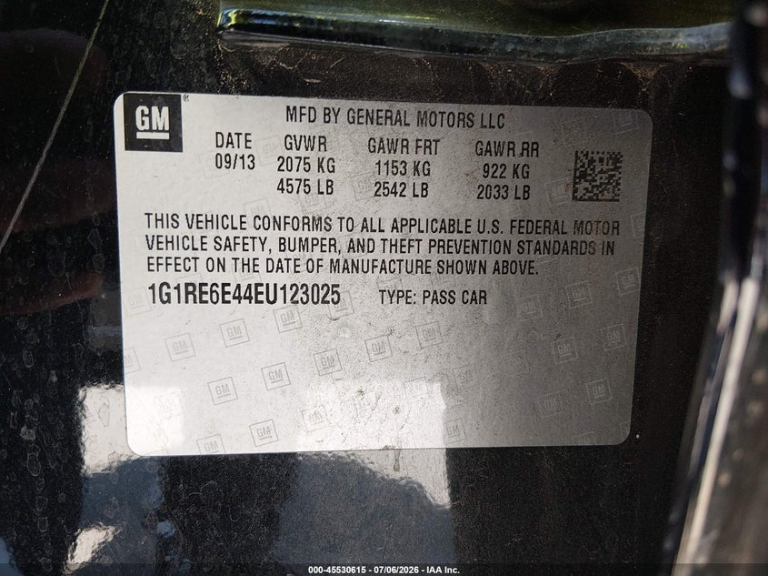 2014 Chevrolet Volt VIN: 1G1RE6E44EU123025 Lot: 45530615