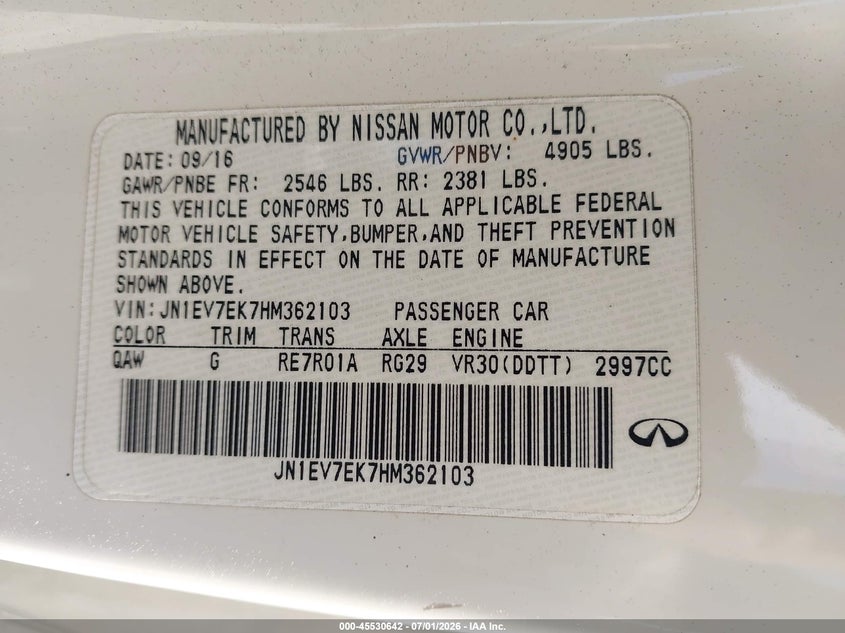 2017 Infiniti Q60 3.0T Premium VIN: JN1EV7EK7HM362103 Lot: 45530642