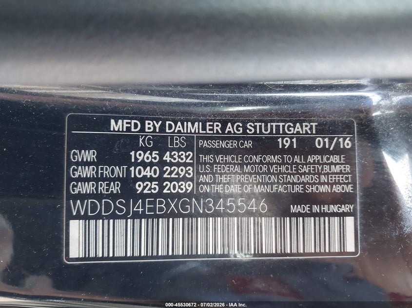 2016 Mercedes-Benz Cla 250 VIN: WDDSJ4EBXGN345546 Lot: 45530672