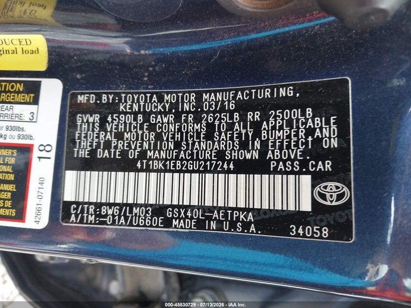 2016 Toyota Avalon Limited VIN: 4T1BK1EB2GU217244 Lot: 45530729