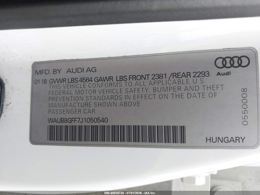 2018 Audi A3 2.0T Premium/2.0T Tech Premium VIN: WAUB8GFF7J1050540 Lot: 45530738