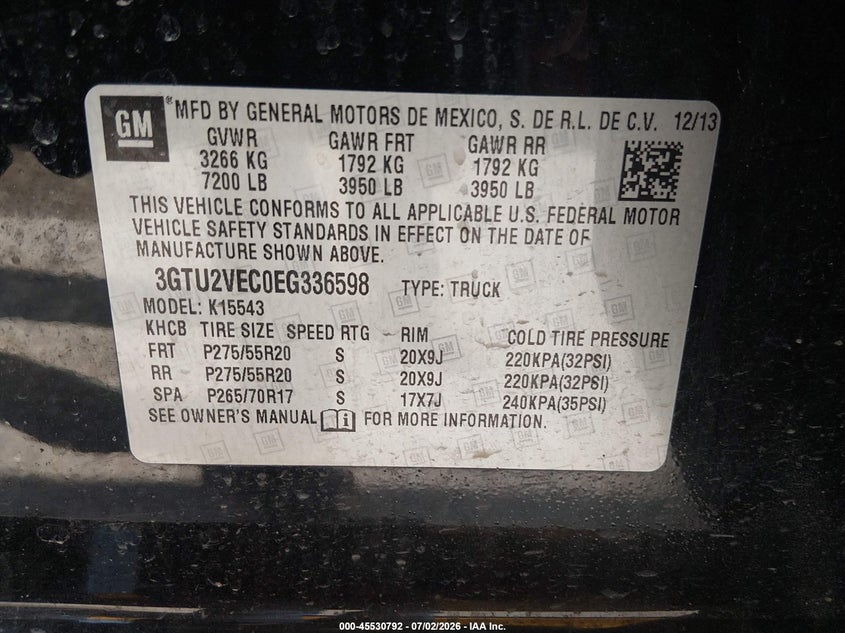 2014 GMC Sierra 1500 Slt VIN: 3GTU2VEC0EG336598 Lot: 45530792