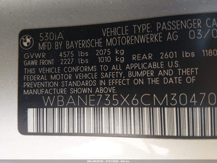 2006 BMW 530I VIN: WBANE735X6CM30470 Lot: 45530793