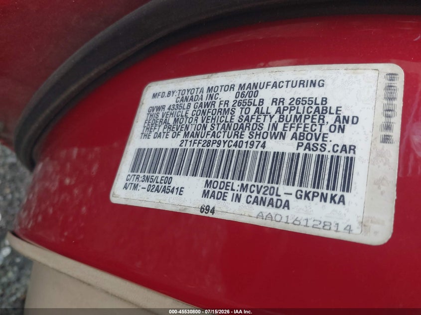2000 Toyota Camry Solara Sle V6 VIN: 2T1FF28P9YC401974 Lot: 45530800