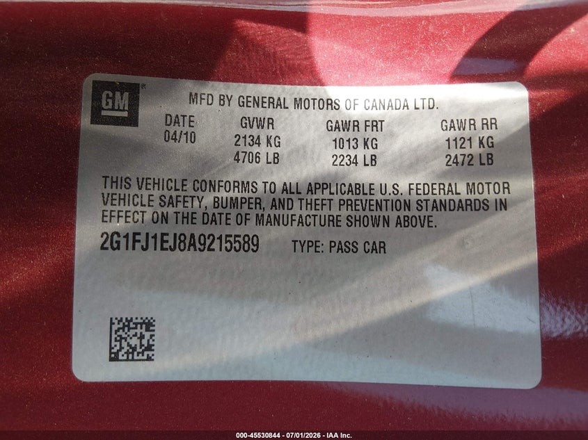 2010 Chevrolet Camaro 1Ss VIN: 2G1FJ1EJ8A9215589 Lot: 45530844