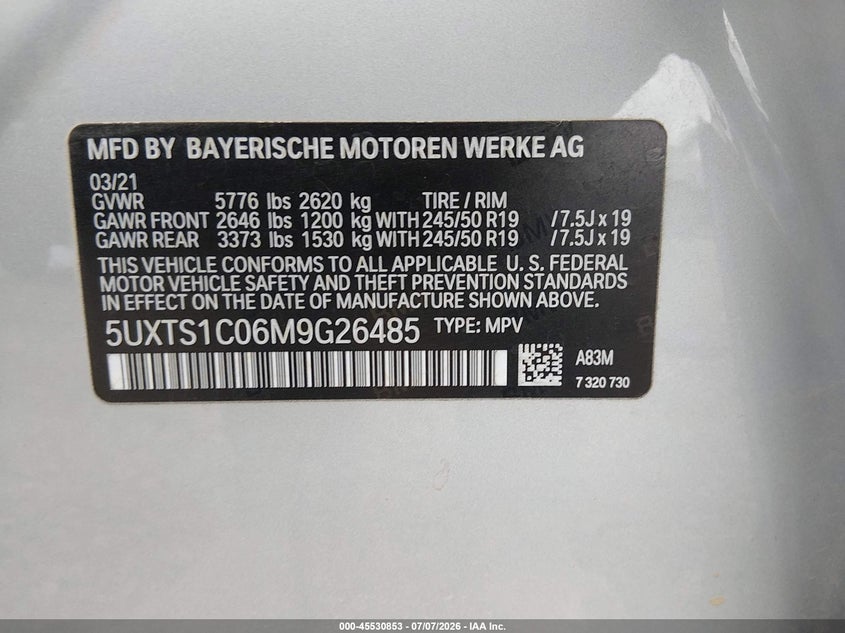 BMW X3 PHEV 2021 VIN 5UXTS1C06M9G26485
