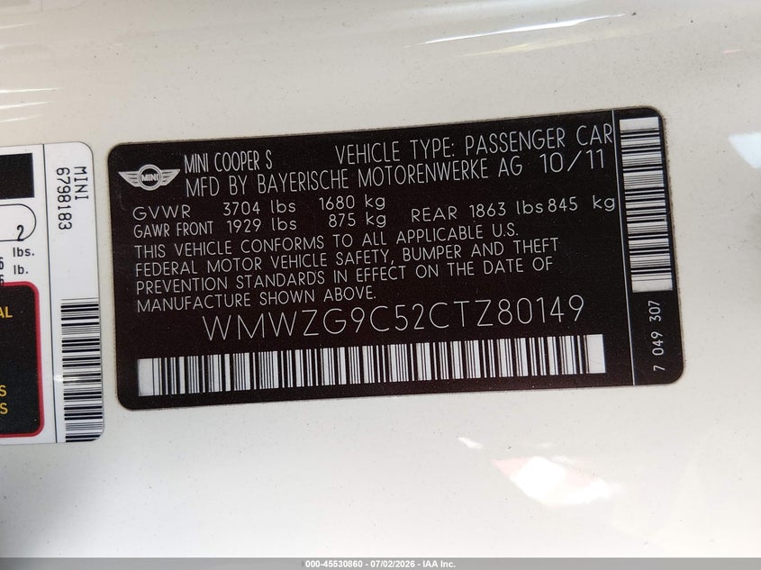 2012 Mini John Cooper Works Clubman VIN: WMWZG9C52CTZ80149 Lot: 45530860