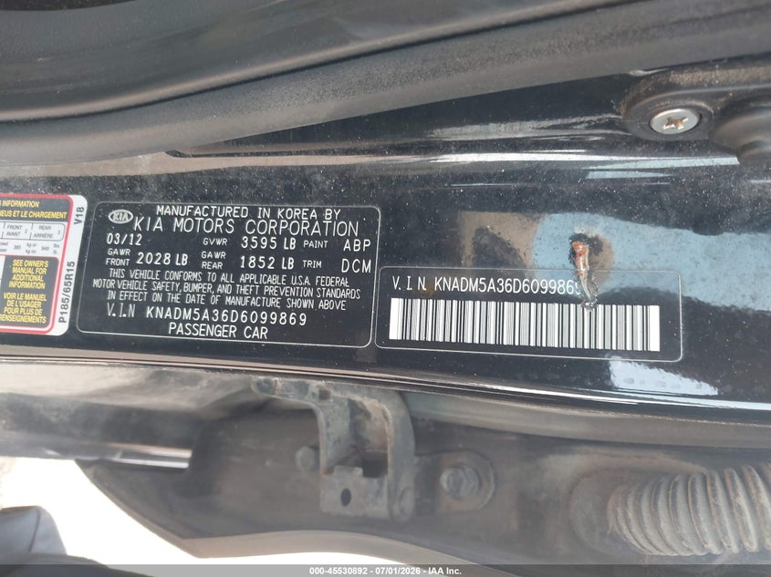 2013 Kia Rio Lx VIN: KNADM5A36D6099869 Lot: 45530892