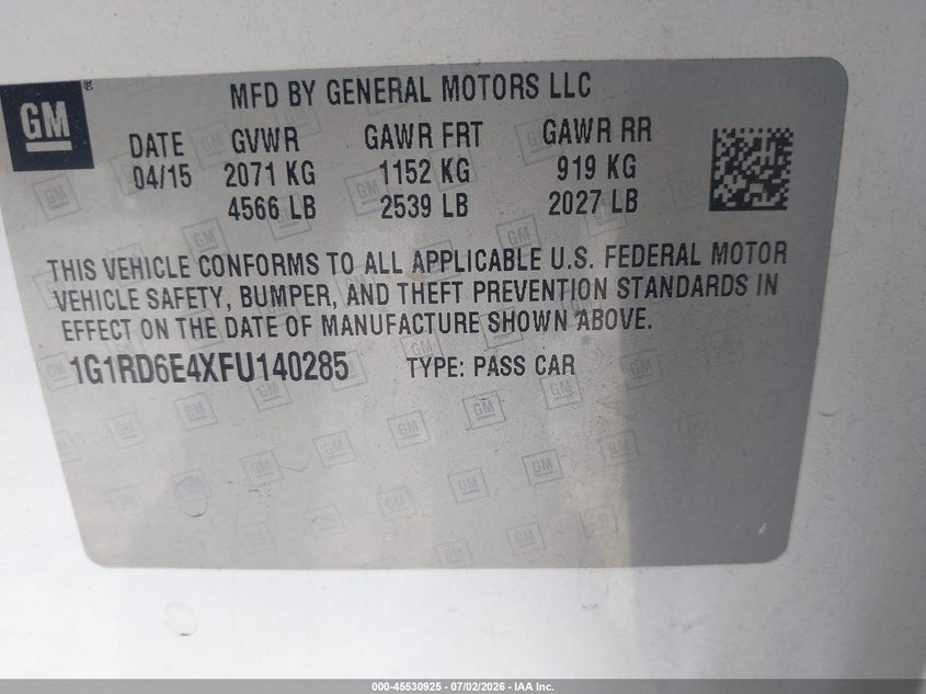 2015 Chevrolet Volt VIN: 1G1RD6E4XFU140285 Lot: 45530925