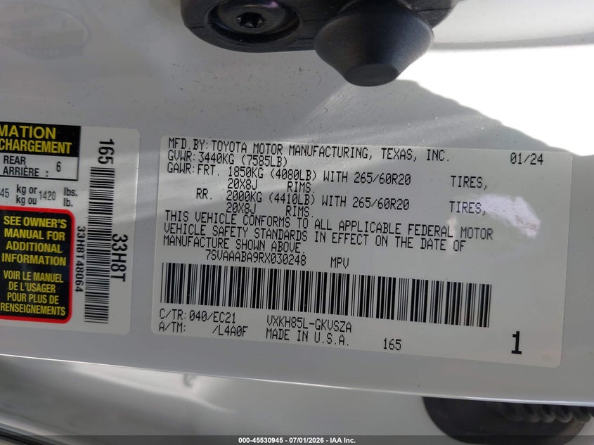 2024 Toyota Sequoia Sr5 VIN: 7SVAAABA9RX030248 Lot: 45530945