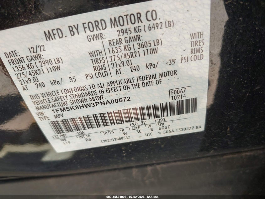 2023 Ford Explorer Platinum VIN: 1FM5K8HW3PNA00672 Lot: 45531006