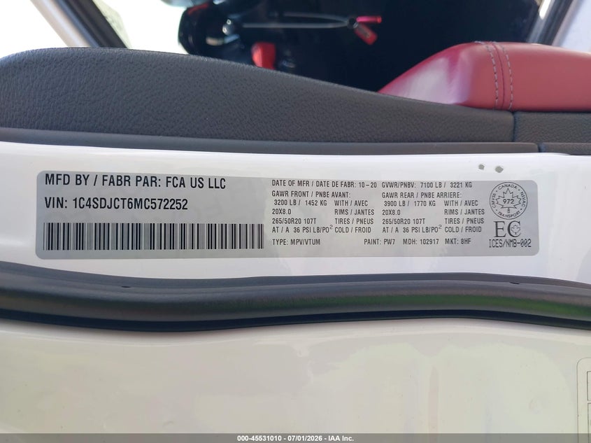 2021 Dodge Durango R/T VIN: 1C4SDJCT6MC572252 Lot: 45531010