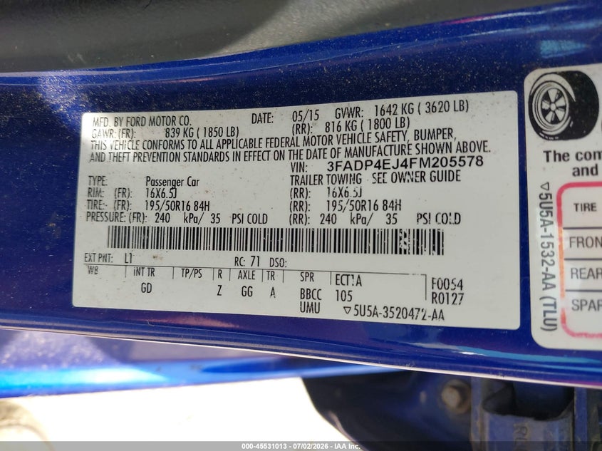 2015 Ford Fiesta Se VIN: 3FADP4EJ4FM205578 Lot: 45531013