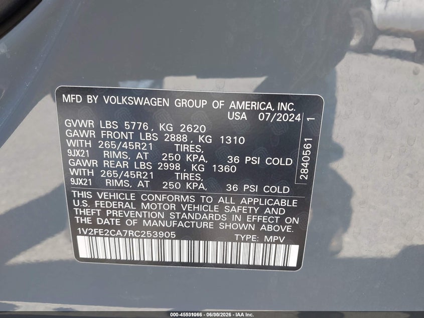 2024 Volkswagen Atlas Cross Sport 2.0T Sel Premium R-Line VIN: 1V2FE2CA7RC253905 Lot: 45531066