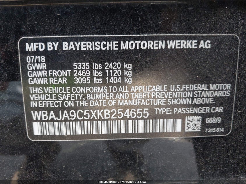 VIN: WBAJA9C5XKB254655 2019 BMW 530E IPERFORMANCE