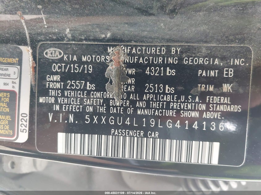 2020 Kia Optima Ex Premium VIN: 5XXGU4L19LG414136 Lot: 45531109