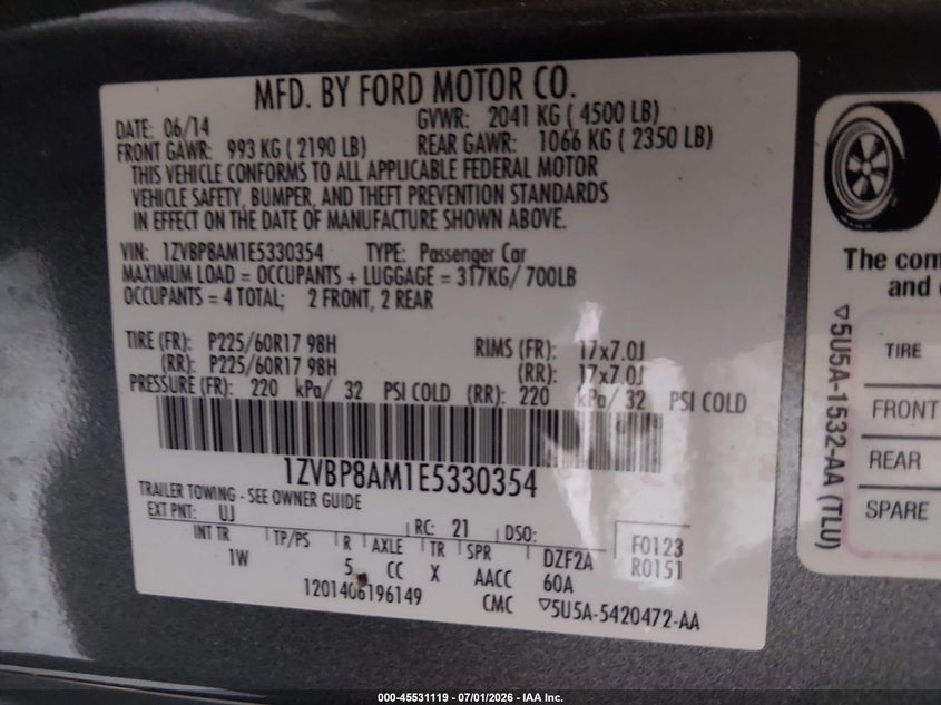 FORD MUSTANG 2014 VIN 1ZVBP8AM1E5330354