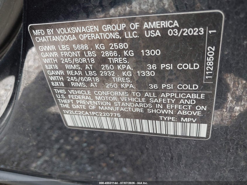 2023 Volkswagen Atlas Cross Sport 2.0T Se VIN: 1V2LC2CA1PC220775 Lot: 45531144