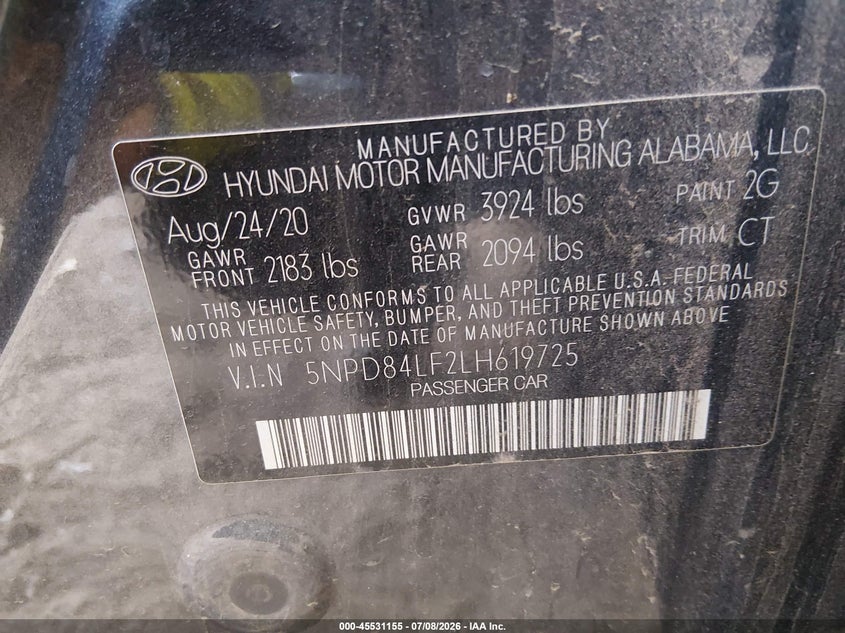 HYUNDAI ELANTRA 2020 VIN 5NPD84LF2LH619725