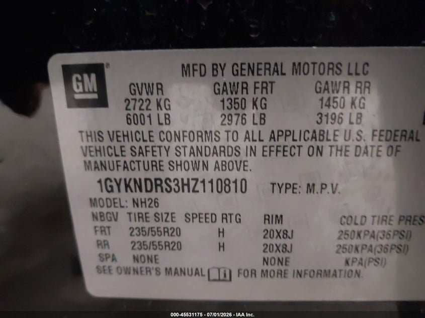 2017 Cadillac Xt5 Luxury VIN: 1GYKNDRS3HZ110810 Lot: 45531175