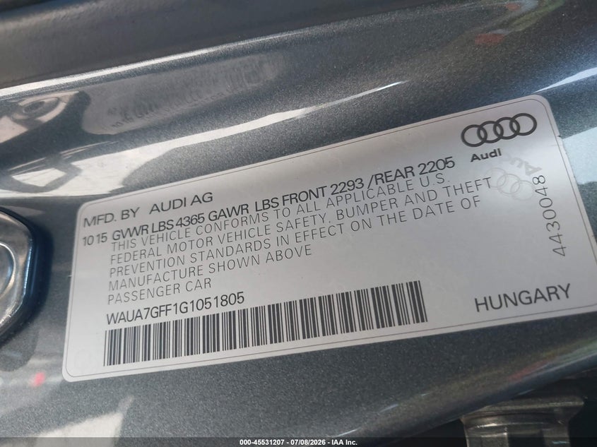 2016 Audi A3 1.8T Premium VIN: WAUA7GFF1G1051805 Lot: 45531207