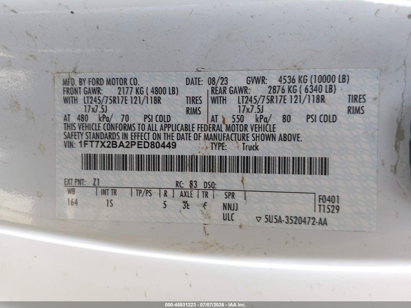 2023 Ford F-250 Xl VIN: 1FT7X2BA2PED80449 Lot: 45531223
