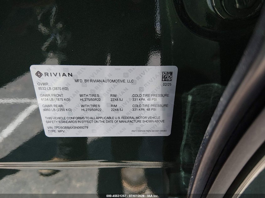 2025 Rivian R1S Adventure Dual Motor Large Pack/Adventure Dual Motor Max Pack VIN: 7PDSGBBAXSN069279 Lot: 45531257
