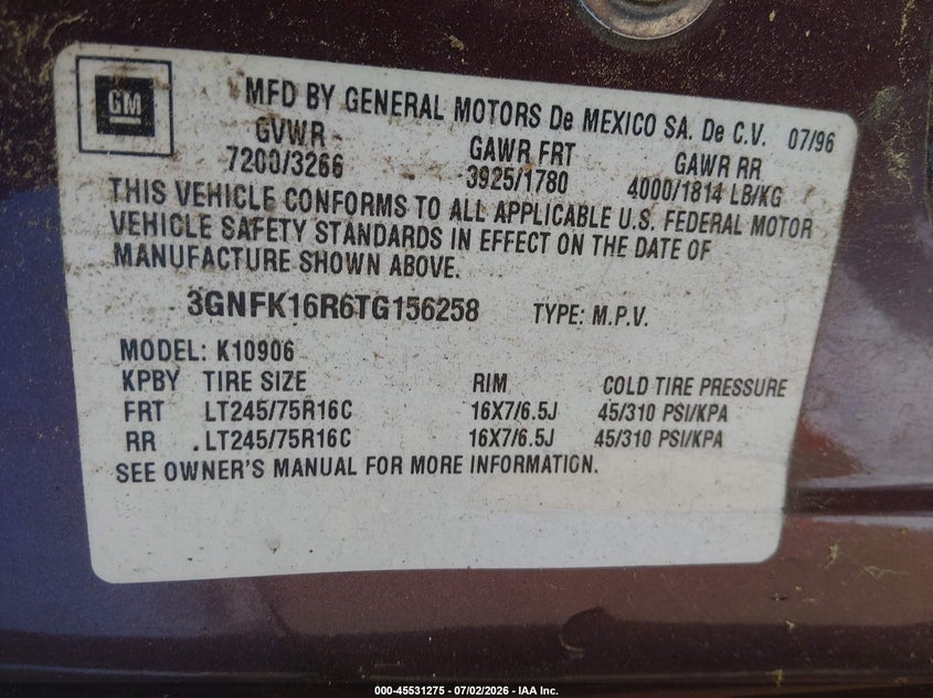 1996 Chevrolet Suburban K1500 VIN: 3GNFK16R6TG156258 Lot: 45531275